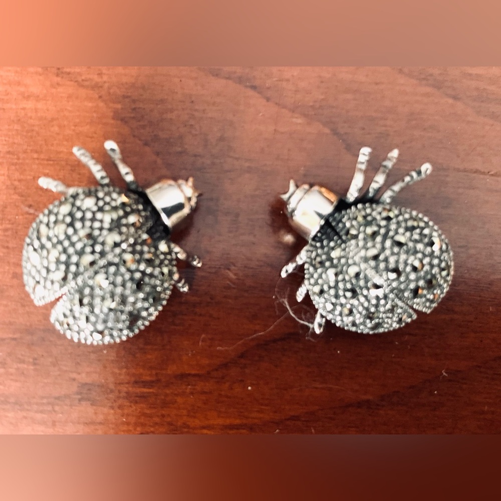 Real silver brooch pin back two cute ladybugs pearl body & sparkling rhinestones